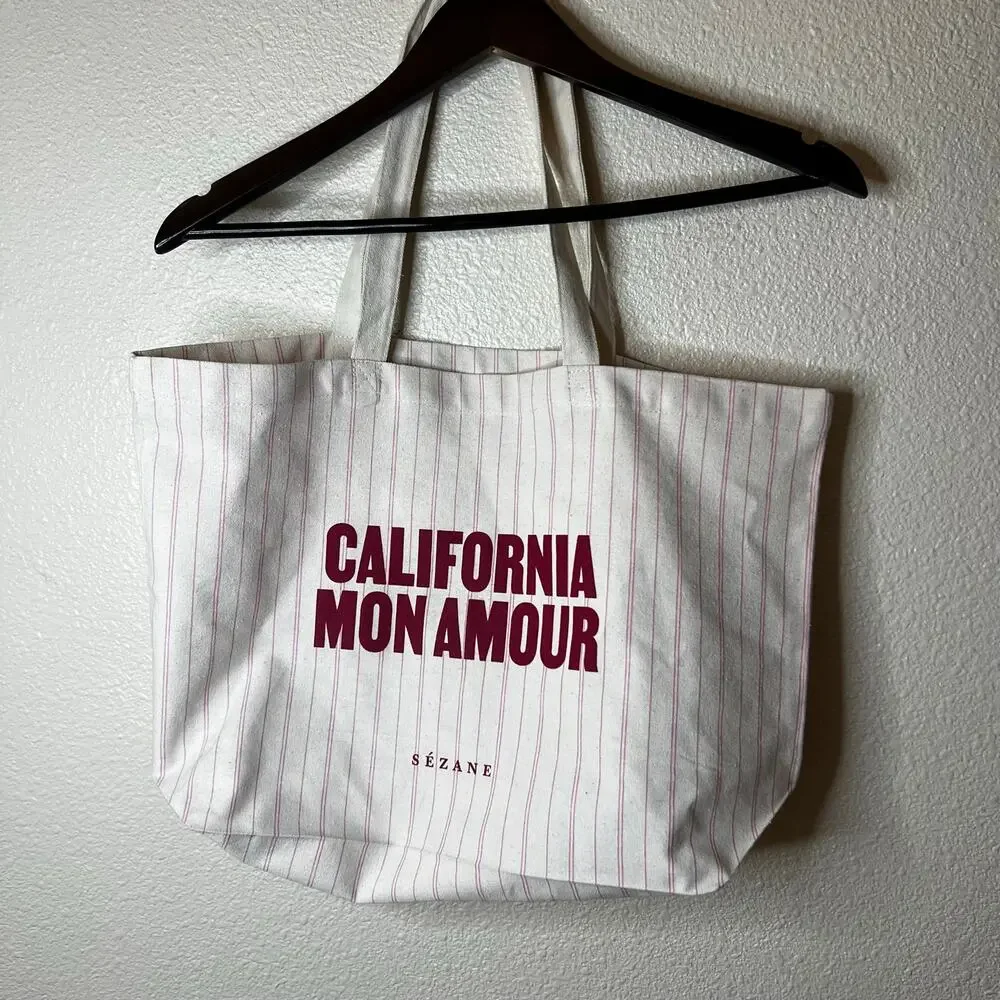 Sezane cream red California Mon Amour striped canvas tote bag